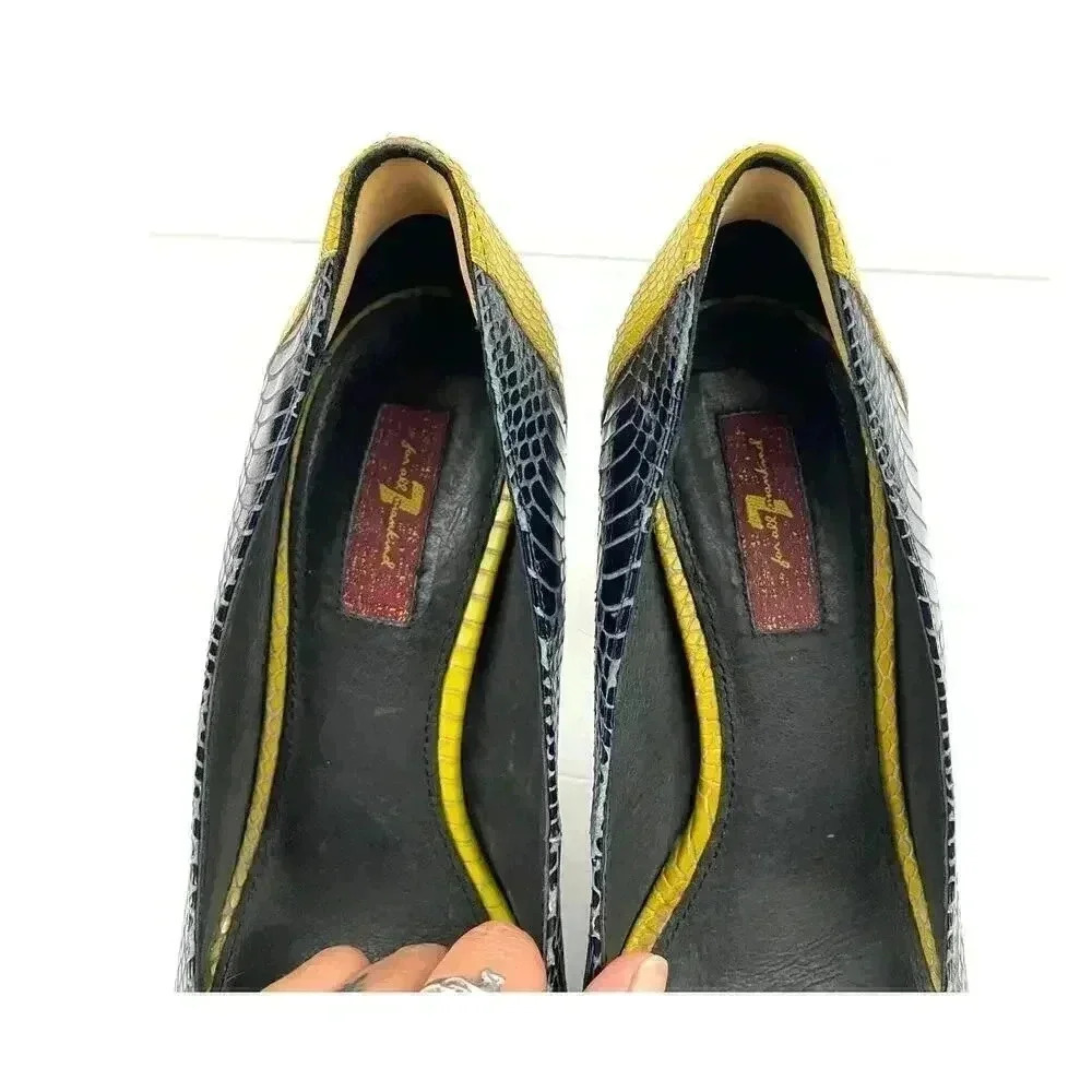 Wooden Heels‎ Pumps Blue Yellow Snake Style 10 7 For All Mankind Women's Leather - Picture 6 of 13